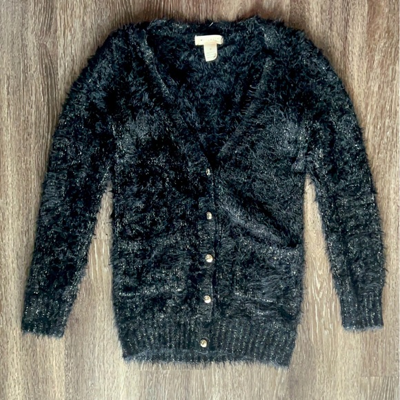 Love Crazy -  Black Shimmer Mohair Style Fuzzy Knit Button Cardigan - Picture 1 of 6